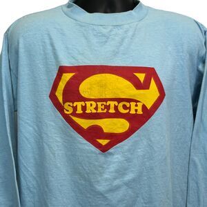 Vintage 80s Stretch Superman Logo T Shirt Long Sleeve USA Made Blue XL X-Large